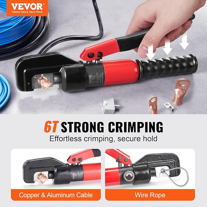 VEVOR Crimping Tool, AWG12-2/0 Copper And Aluminum Terminal Battery Lug Hydraulic Crimper, with a Cutting Pliers, Gloves, 5pcs Copper Ring Connectors, 8 x Heat Shrink Sleeves and a Blow Moulded Case