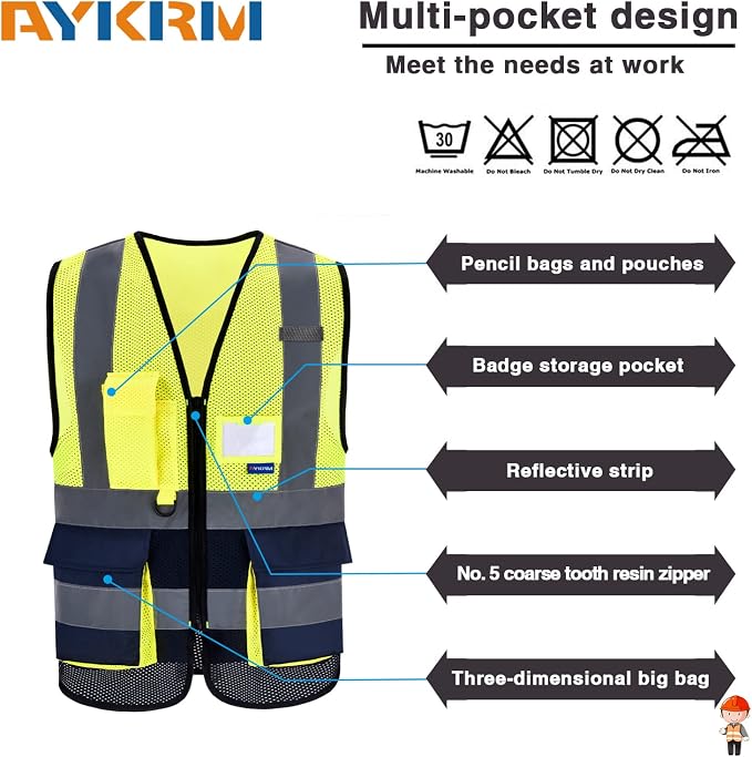 A-SAFETY High Visibility Mesh Vest with Breathable, Zipper, Yellow/Navy, L | Yellow/Navy L breathable mesh vest with reinforced pockets, black front zipper and clear ID holder for site supervision.