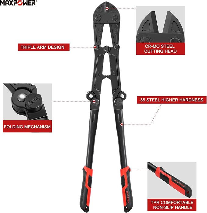 MAXPOWER 24-inch Bolt Cutter, Foldable Bolt Cutters with Soft Grip Ergonomic Non-Slip Handle, Heavy Duty Bolt Chain Padlock Wire Cutting Tool