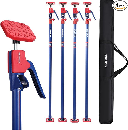 WORKPRO Cabinet Jack Support Pole, 54-114 Inches Steel Telescopic Quick Support Rod Adjustable 3rd Hand Support System with 154 lbs Capacity for Cabinet Jack, Drywall Jack& Cargo Bars, 4-Pack