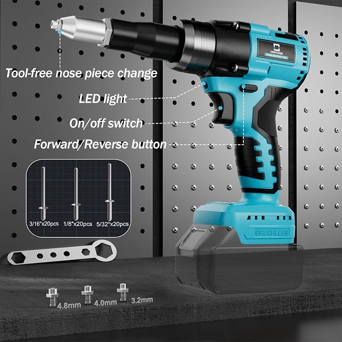 Cerycose Rivet Gun Compatible with Makita 18V Battery,Tool Only Cordless Riveters Tool,Brushless Rivet with 3 Size(1/8", 5/32", 3/16") Aluminum Rivets & LED Light for Construction