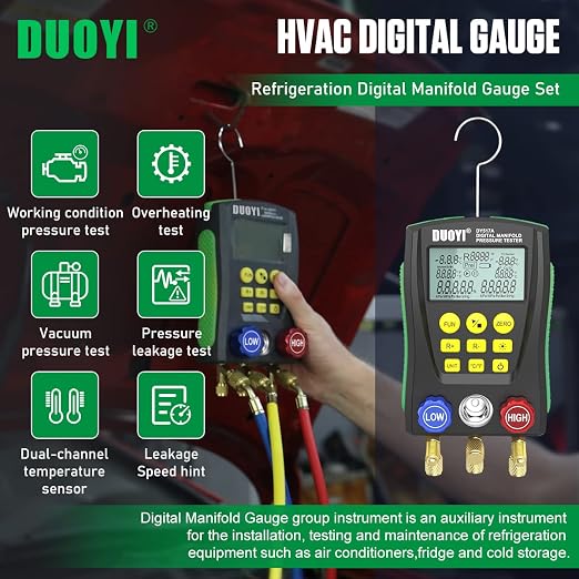 Digital Manifold Gauge Set Air Conditioning/Refrigerator Digital HVAC Gauges Double Pressure&Temp Test Air Conditioning Tools & Equipment Manifold HVAC with Tricolor Hose, 2 Pairs of Test Clamps
