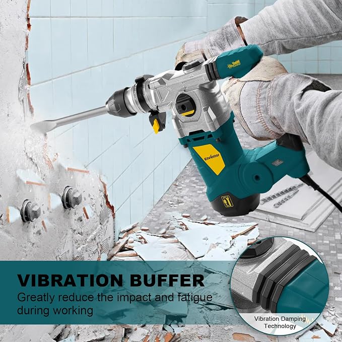 Enventor 1-1/4 Inch SDS-Plus 13A Rotary Hammer Drill for Concrete Stone | Heavy Duty Electric Demolition Hammer Drill with 4 Functions, Safety Clutch, Vibration Control, Chisels, Drill Bits, Blue
