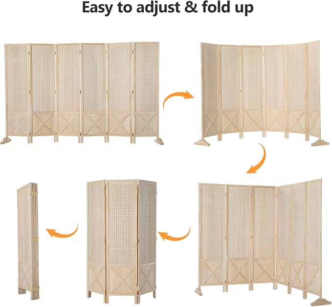 VINGLI Freestanding Pegboard with Support Feet, 5 FT Wood Room Divider Display Board Organizer, Folding Privacy Screen Partition Space Separator for Craft Shows Events Retail (Natural, 6 Panel)