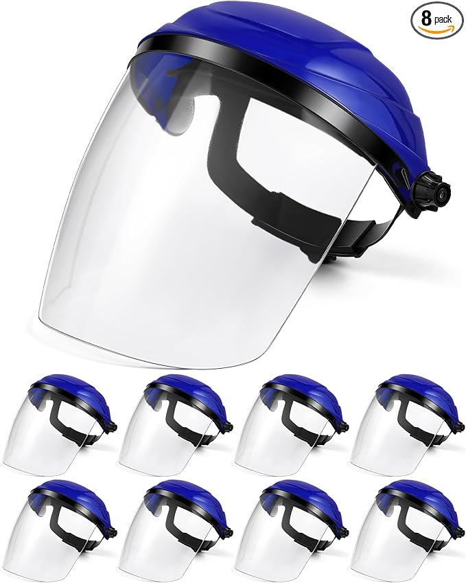 Tellegloww 8 Pack Safety Face Shield for Grinding and Cutting, Full Impact Resistant Face Shield Mask for Work Chemical Woodworking (Blue)