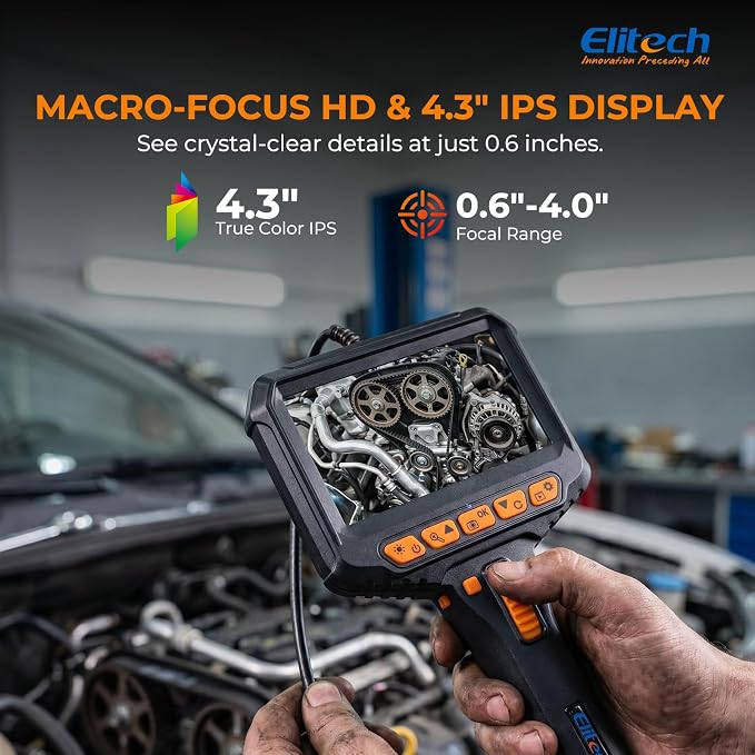 Elitech Two-Way Articulating Borescope with Light, 0.24in Slim Inspection Camera, 20,000+ Bend Life, 180° Snake Camera, 1080P 4.3" IPS Endoscope, High-Temp Protection for Automotive Mechanics