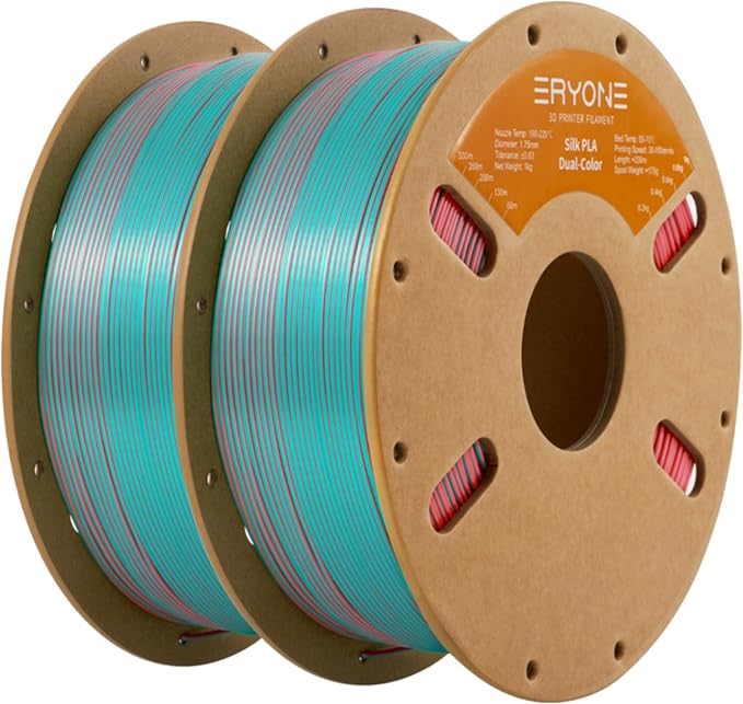 ERYONE Silk Dual Color PLA Filament 3D Printer 1.75mm +/- 0.03mm, Bicolor Filament Two Tone PLA Bundle 2KG Cardboard Spool, Teal&Orange Red