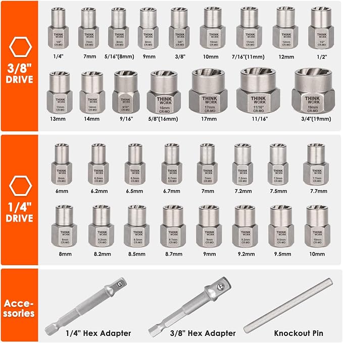 THINKWORK Bolt Extractor Kit, 35-Piece Nut Extractor Socket Set, 1/4" & 3/8" Drive Rounded Bolt Remover for Damaged, Rusted, Rounded-Off, Stripped Fasteners