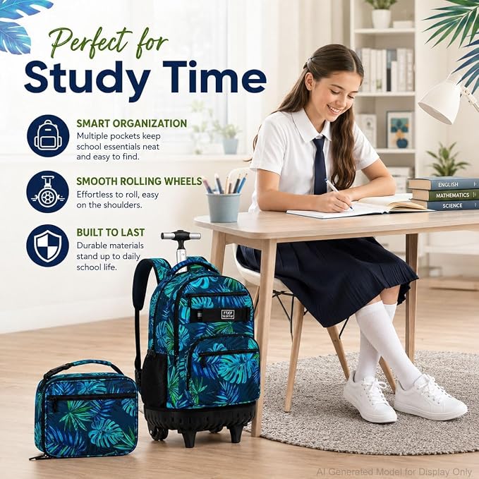 3Pcs Rolling Backpack for Boys Men, Travel Roller Backpacks with Wheels for Adults, Teens College Leaf Wheeled Bookbag with Lunch Box(Green)