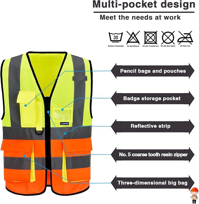 A-SAFETY Hi-Vis Safety Vest with Radio Mic Loop, Zipper, Yellow/Orange, XL | Yellow/Orange XL work vest with reflective strips, mic tabs and 7 pockets for railway operations and highway maintenance.