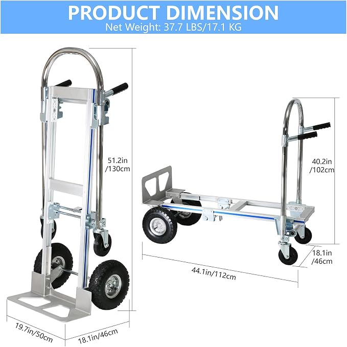 Heavy Duty Convertible Hand Truck, 2 in 1 Folding Dolly 800 LBS Capacity Industrial Platform Cart Collapsible Truck for Transport & Moving in Warehouse, Home, Supermarket
