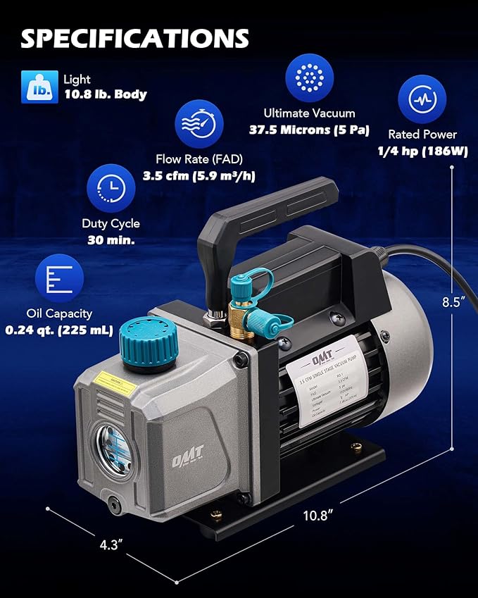 Orion Motor Tech AC Vacuum Pump and Gauge Set, 1/4 hp 3.5 cfm Vacuum Pump Manifold Gauge Kit with 3 Hoses Adapters & Accessories for R134a R12 R22 R502, A/C Vacuum Pump Kit for Auto HVAC Systems