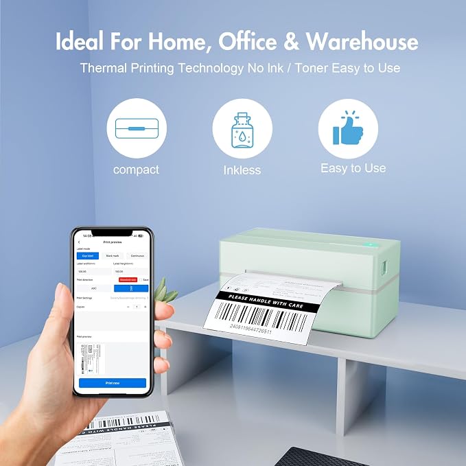 Bluetooth Thermal Shipping Label Printer: 4x6 Wireless Label Maker with Tape for Small Business - Compatible with iPhone, Android, Windows & Mac, Widely Used for USPS UPS Amazon Shopify, Green