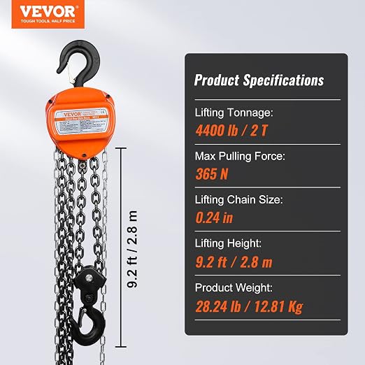 VEVOR Hand Chain Hoist, 2 Ton 4400 lbs Capacity 10 FT Come Along, G80 Galvanized Carbon Steel with Double-Pawl Brake, Auto Chain Leading & 360° Rotation Hook, for Garage Factory Dock