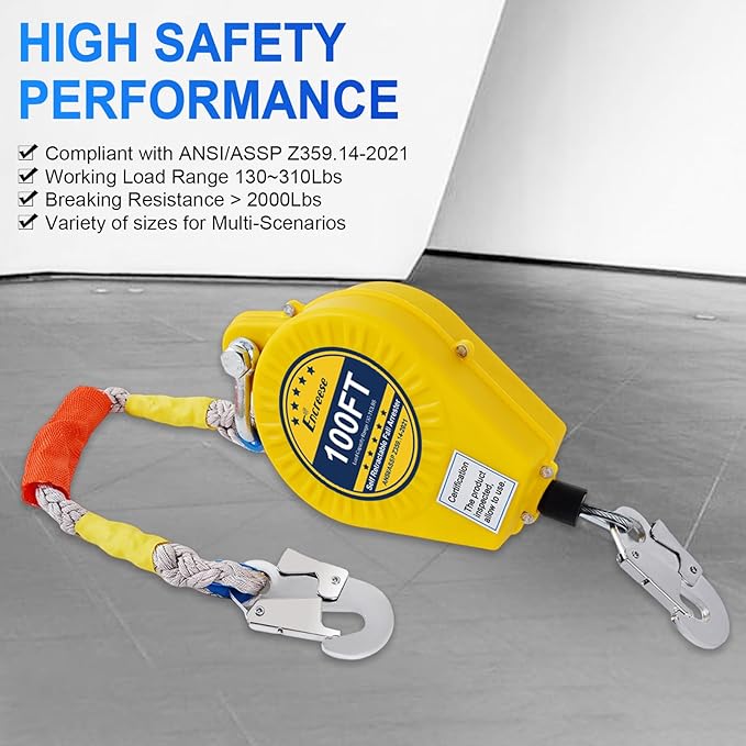 Self Retractable Lifeline Fall Protection Arrester 100FT Double Locking Roofing Safety Rope Lanyard Fall Arrest Gear, Dual Alloy Steel PPE shell Heavy Duty Hook Cable Wire