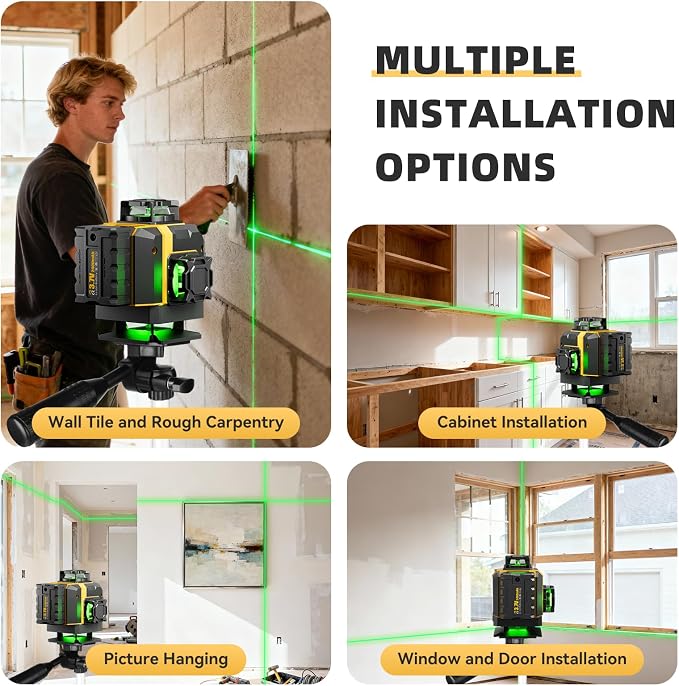 16 Lines Laser Level with Tripod - Green Cross Line Laser, 4x360° Self Leveling Laser Level, 4D Self Leveling Tool for DIY Picture Hanging, Home Renovation, Indoor Project, 2 Batteries Included