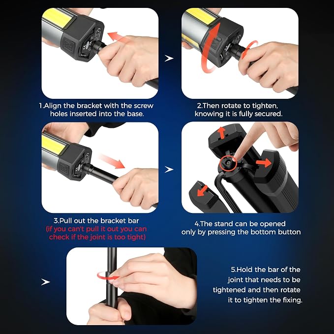 Rechargeable Work Light with Stand, Magnetic Base, Hook & Tripod (Middle) | 6000mAh battery, Telescopic tripod, Magnetic base, Hanging hook, 3 metal floor spikes, Storage bag, Camping