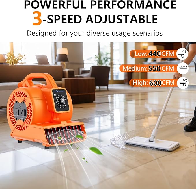 Air Mover Blower Fan, Portable Air Blower, Floor Fan, Carpet Dryer, Floor Dryer, 1/6 HP 600 CFM, 3-Speed, 4 Adjustable Angles, Daisy Chain, Stackable, for Janitorial, Home, Commercial Use, ETL Listed