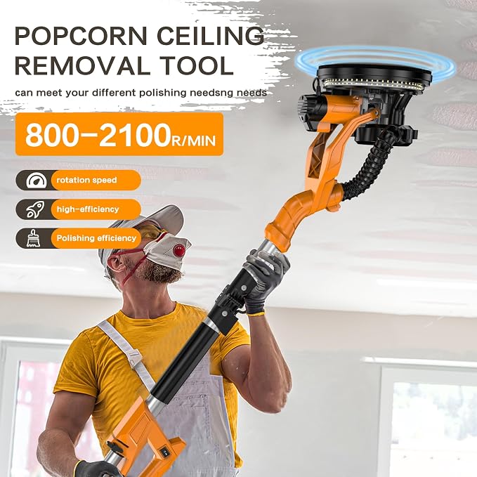 Drywall Sander Popcorn Ceiling Removal Tool with Vacuum Dust Collection 9 Variable Speed Collapsible Extendable Handle Electric Sander for Drywall with LED Light 16Pcs Sanding Discs Yellow