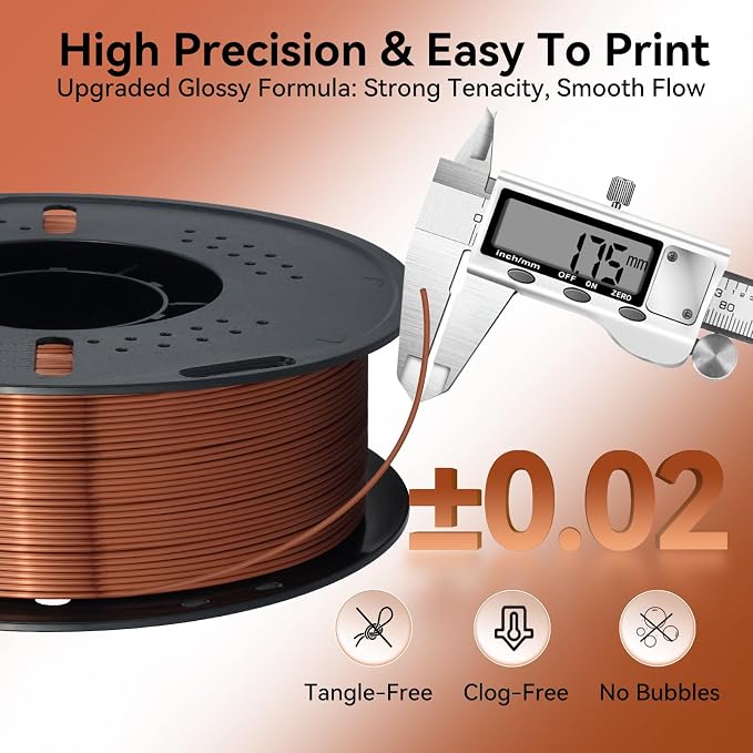 Kingroon Silk Copper PLA 3D Printer Filament 1.75mm, Dimensional Accuracy +/- 0.03 mm, 1 kg Spool(2.2lbs) PLA Shiny Filament-(Copper)