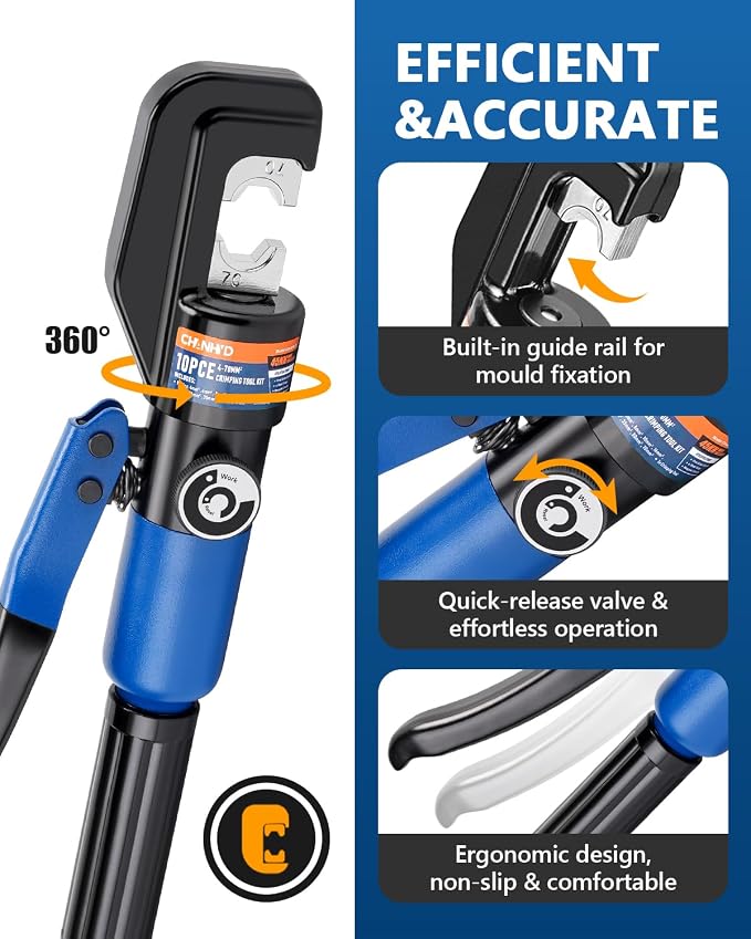Hydraulic Wire Battery Cable Lug Terminal Crimper - 9 Dies for 12 AWG to 2/0 Electrical Terminal Cables Crimping Tool Kit