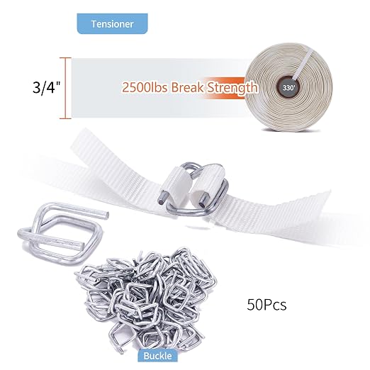 Heavy Duty Pallet Banding Strapping Kit with Woven Cord Tensioner, 3/4" x 330' Woven Cord Roll and 50 pcs Strapping Buckles - 2500Lbs Break Strength