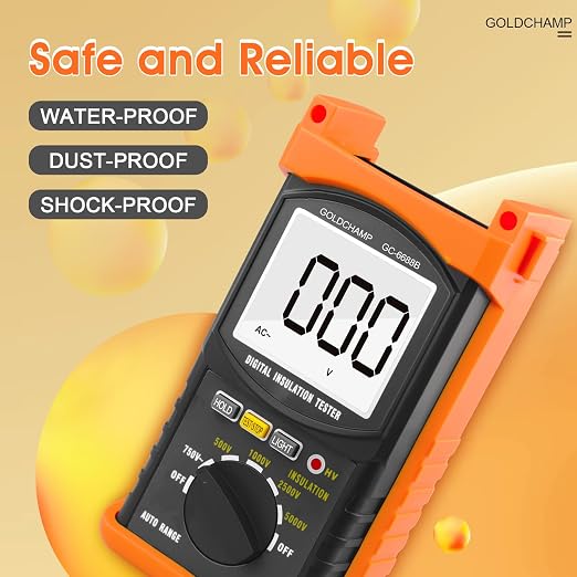 Megohmmeter for Insulation Testing, 200G Ohm Insulation Resistance Tester for Voltage (500V/1000V/2500V/5000V) & Resistance Measurement (1MΩ~200GΩ), Auto Ranging, Backlight Display, Data Hold