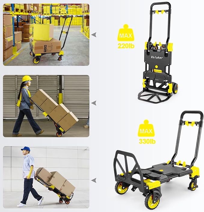330LB Folding Hand Truck Moving Dolly, Hand Trucks Heavy Duty Combination of 4 Wheels and 2 Wheels Convertible Dolly Cart with Retractable Handle Dolly for Moving Office Carts(Yellow)