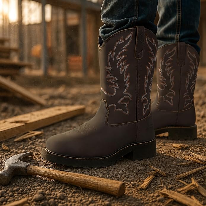 Men's Cowboy Work Boots, Square Steel Toe EVA Mid-Sole with GoodyearWelt Leather Anti Slip Western Men's Brown Boots for Manufacturing, Construction, Farming, Size 7-14