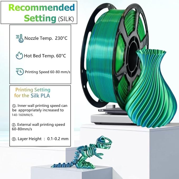 Dual Color Silk PLA 4KG 1.75mm 3D Printer Filament | 4 Pack Shiny BluePink+Bluegreen+BlueSilver+RoseGreen 1KG Spool(2.2 lbs) neatly wound,tangle-free for most FDM printers