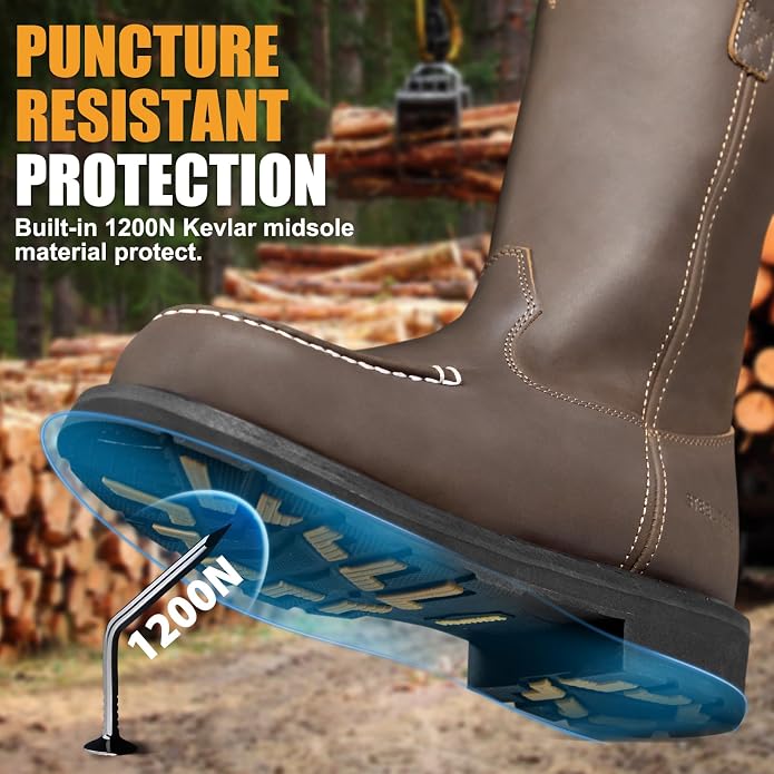 Steel Toe Work Boots - Puncture Proof with Steel Shank, GoodyearWelt, Full-Grain Leather, Oil & Slip Resistant, Pull-On Moc Design - Ideal for Construction and Farming (Dark Brown, Sizes 7-14)