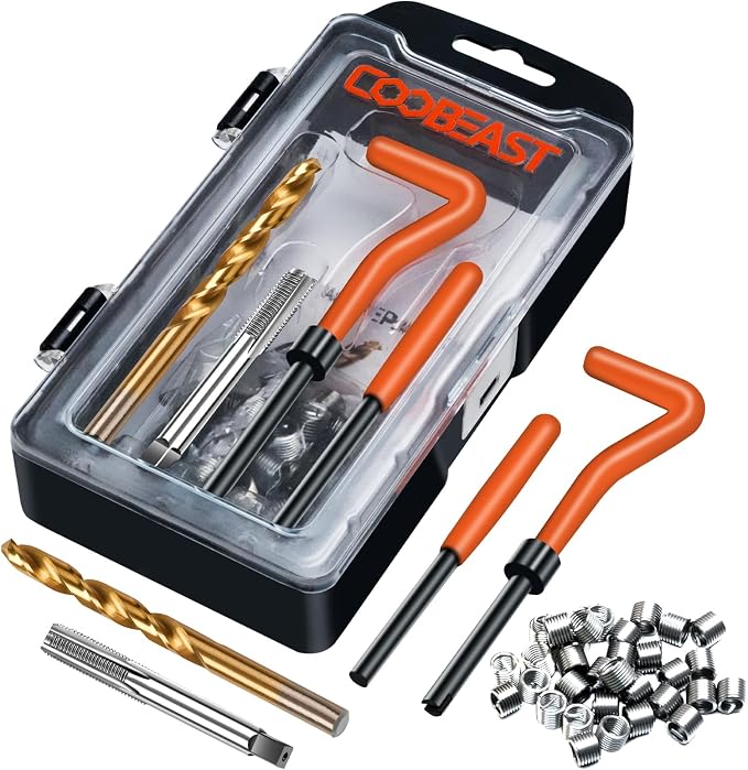 coobeast Thread Repair Kit, Thread Repair Tool with HSS Drill Bit & 30pcs 304 Stainless Steel Inserts, Complete Helicoil Rethreading Tool Set for Automotive Engine with Portable Carry Case M8x1.25