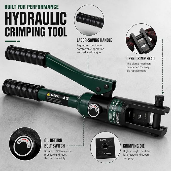 12 Ton Hydraulic Crimping Tool, 6AWG-4/0AWG (250MCM) Battery Cable Lug Crimper with 8 Pairs of Dies, Industrial Grade Hydraulic Wire Terminal Crimping Tool