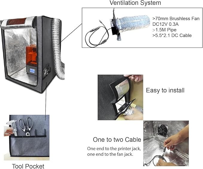 Multifunctional 3D Printer Enclosure w/Adjustable Ventilation Kit Eliminate Odors Tent Cover Compatible with Anycubic Photon Mono, Elegoo Saturn/Mars 3/4 & Creality Halot Series Resin 3D Printer