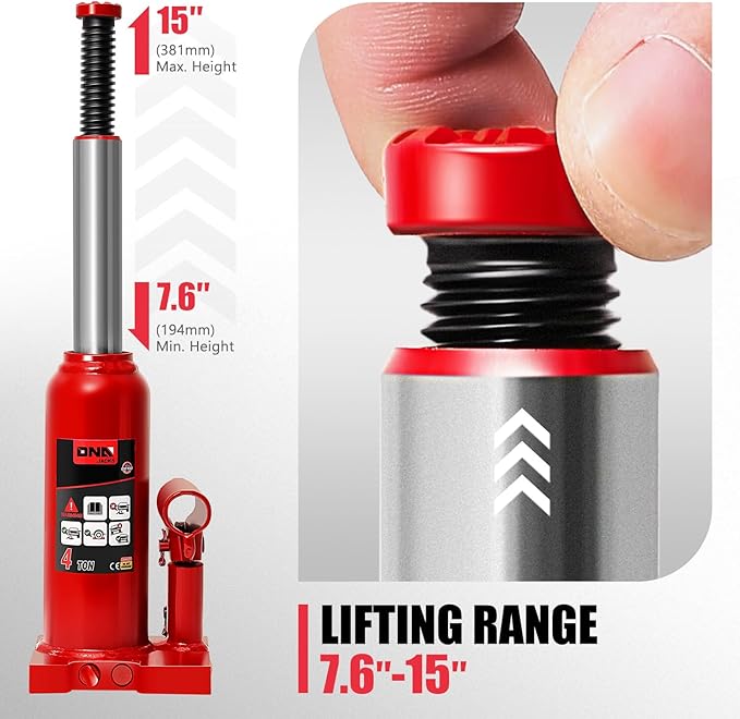 DNA Motoring 4 tons / 8818 lbs Lifting Automotive Welded Hydraulic Bottle Jack for Repair Vehicle, Pickup, Truck, w/Manual Handle, Red,TOOLS-00352