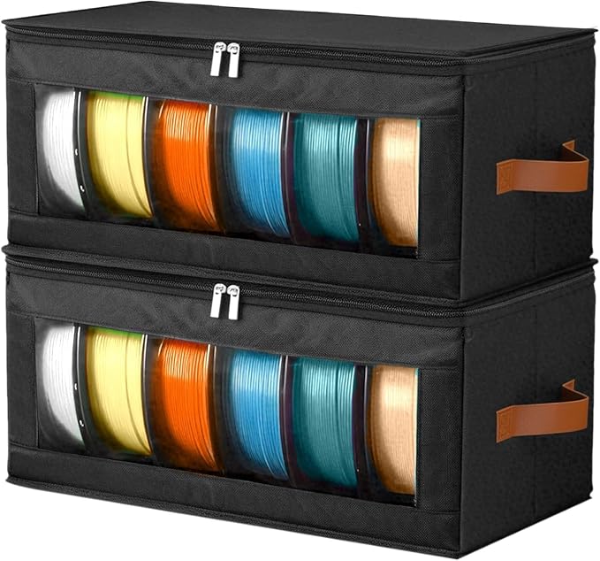 2 Pack Foldable Filament Storage Box, 3D Printer Filament Containers with Transparent Window, Desiccants & Labels, Holds 12 Rolls, Water-Resistant Organizer for Home Office Workshop Studio