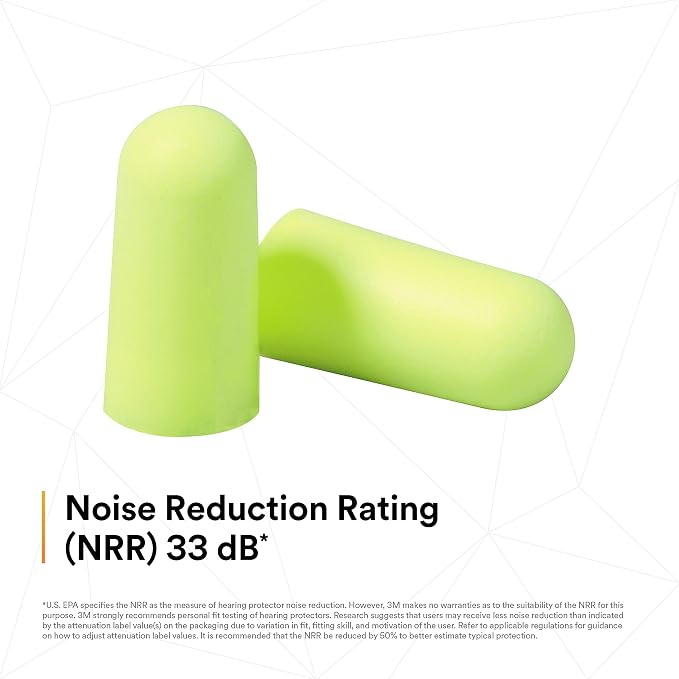 3M Ear Plugs, E-A-Rsoft Yellow Neons 315-1250, 200 Pair of Disposable Earplugs, Pairs Individually Wrapped, Regular Size, Uncorded, 33 NRR, Tapered Cylinder Shape, Slow Recovery Foam (Pack of 10)
