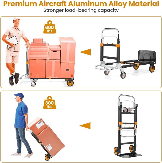 3-in-1 Convertible Heavy Duty Folding Hand Truck Dolly, 600LB Capacity with Rubber& Wheels Telescoping Handles, Portable Collapsible Cart for Warehouse, Supermarket, Office (Orange)