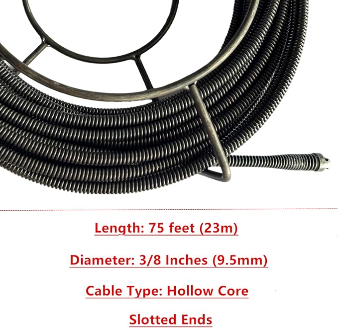 Drain Cleaning Cable 3/8 Inch x 75 Feet, Hollow Core Steel Sewer Cable with 8 Cutter for 1.6" to 4" Pipes, Sewer Auger Cleaner Cable for Sink, Floor Drain, Toilet (75 Feet x 3/8 Inch)