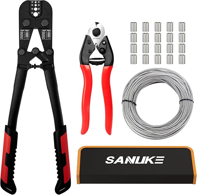 Sanuke Wire Rope Crimping Tool Kit, 33ft 1/8” Stainless Steel Cable and Cutter, Swagging Tool for Copper Aluminum Oval Sleeves, Double Sleeves