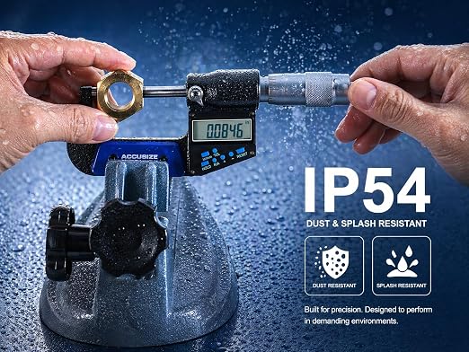 Accusize Industrial Tools 1-2''/25-50 mm by 0.00005''/0.001 mm 7-Key Electronic Digital Micrometer, Water Proof, Ac21-2022 | IP54 Rated, 0.00005"/0.001 mm Resolution, 7-Key, ±0.002" Accuracy