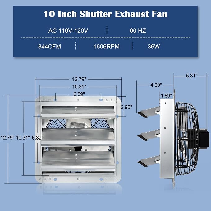 Hiorucet 10 Inch Shutter Exhaust Fan with Speed Controller and Power Cord Kit for Garage, Greenhouse, Attics, Chicken Coop, Shed, Basement, 844CFM 1606RPM Low Noise Wall Mounted Louvered Exhaust Fan.