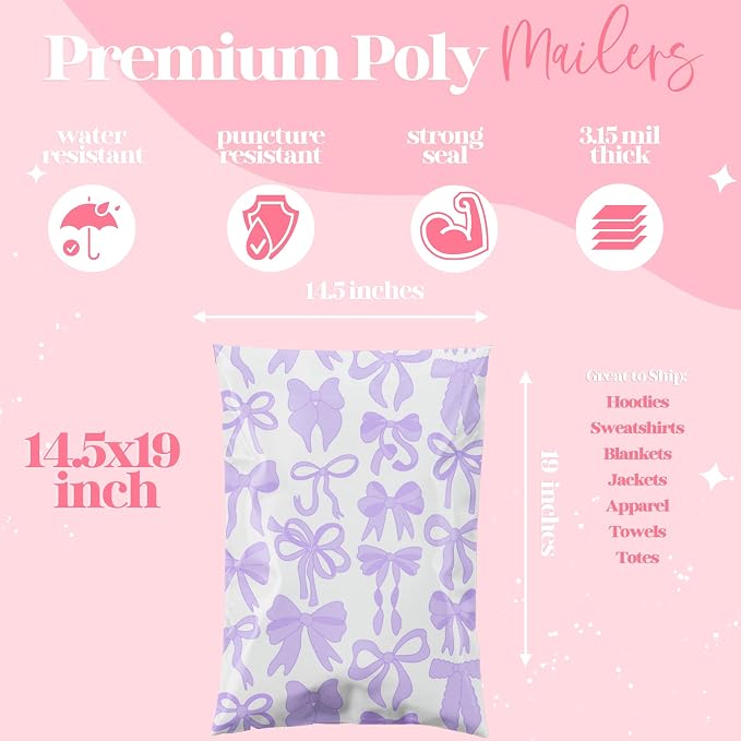 Pretty Package Store 14.5x19 Designer Poly Mailer 100 Pack Heavy Duty Waterproof Self Seal Shipping Bags for Small Business Large Mailing Envelopes Bulk Tear Resistant Packaging Purple Bows