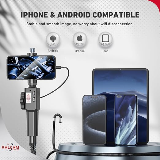 Ralcam Two-Way Articulating Borescope for iPhone&Android, Endoscope Camera with Light, HD Inspection Camera with Battery for Automotive, Engine, Pipe 0.33in Lens-3.3FT Flexible Cable