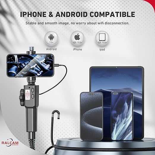 Two-Way Articulating Borescope for Smartphone&iPhone + 10FT Endoscope Camera with Light 5" with 0.24in Slim Probe Video Inspection for Automotive Engine, HVAC, Mechanical, Wall
