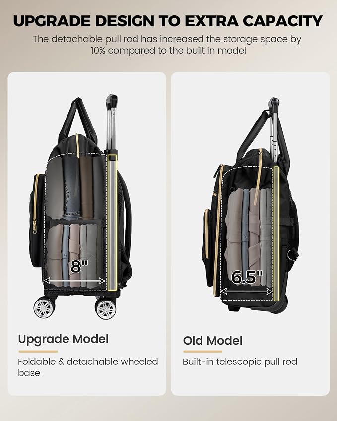 Ytonet Rolling Backpack for Women, 15.6 In Rolling Travel Backpack with 4 Spinner Wheels, Carry On Rolling Laptop Bag with Detachable Trolley, Stylish Wheeled Backpack for College Business Work, Black