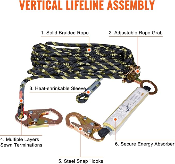 VEVOR Vertical Lifeline Assembly, 0.55'' x 25' Fall Protection Rope with 30 KN Breaking Tension, Polyester Roofing Rope with Steel Snap Hooks, Rope Grab, and Shock Absorber, ANSI Compliant