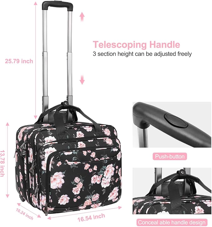 MOSISO Rolling Briefcase Laptop Bag for Women, Wheel Briefcase Teacher Bag for 15.6 inch with Coded Lock, Overnight Camellia Rolling Computer Bag on 2 Wheels with Belt for Work Travel Business, Black