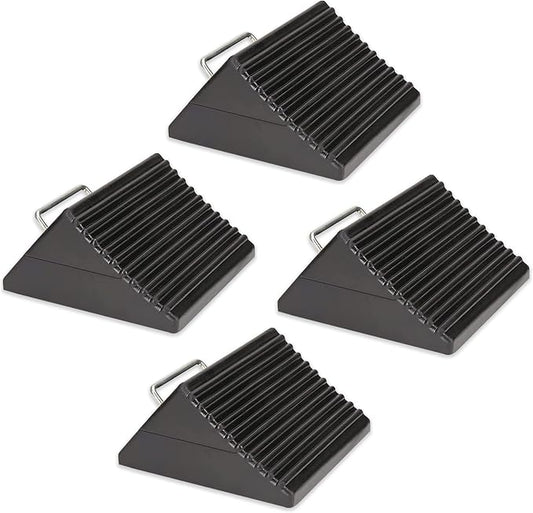 Wheel Chocks for Cars, RVs, Trucks, Trailers, and Vehicles G.V.W. up to 12T, 4 Pack - Anti Slip Bottom Tire Chock for All Weather Use - RV, Travel Trailer, Pop Up Camper Accessory