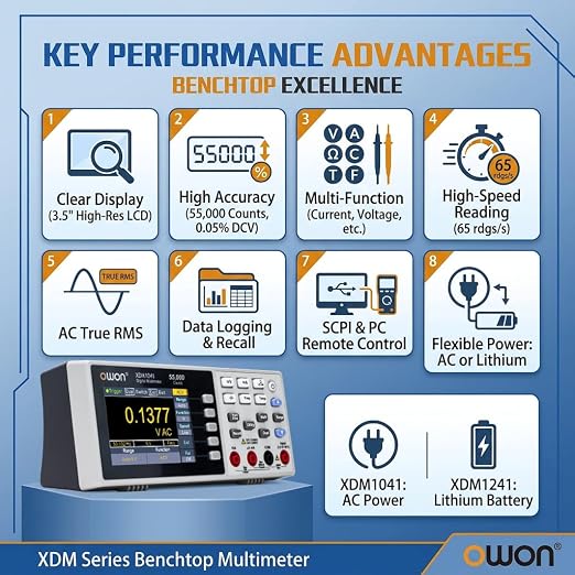 OWON XDM1041 Bench Desktop Digital Multimeter, 55000 Counts True RMS 1000V AC/DC 10A Multi Tester, 3.5-inch LCD, Temperature Test for Lab, Factory, Instrument Maintenance